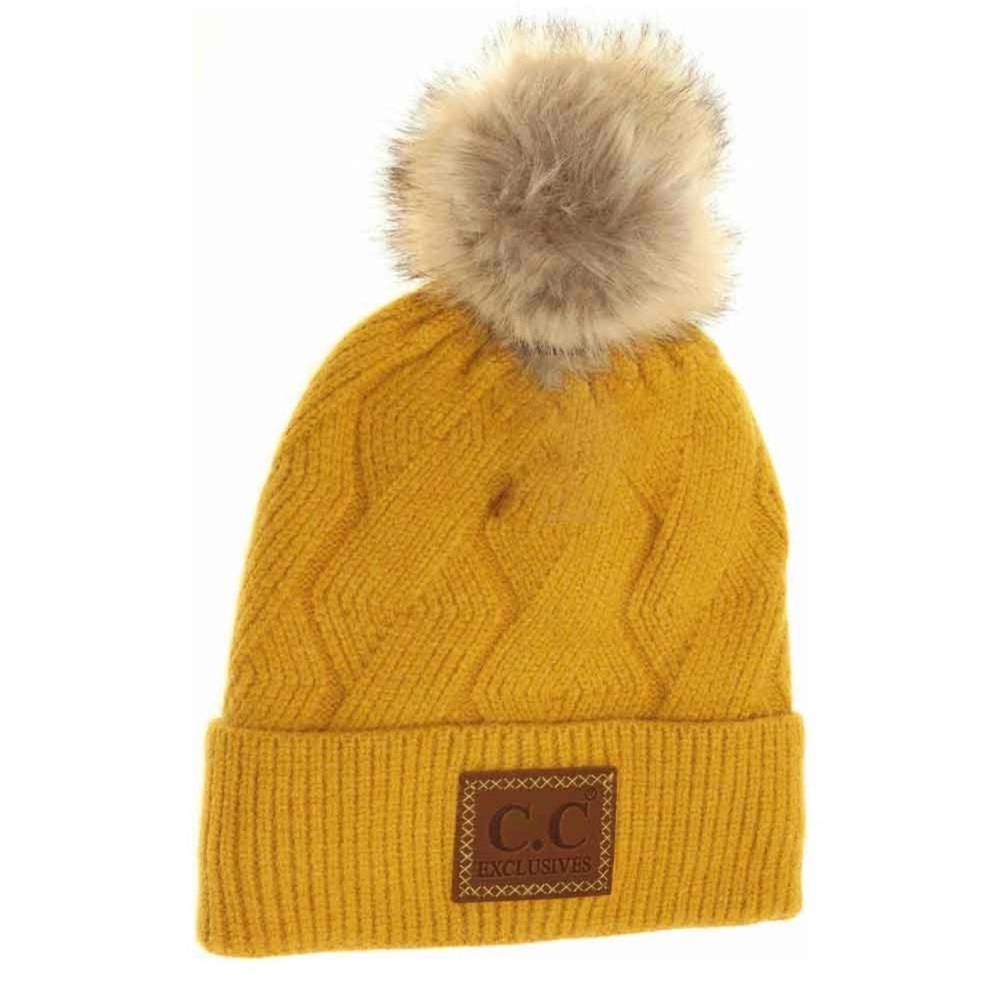 C.C Exclusives Mustard Geometric Knit Beanie w/ Faux Fur Pom